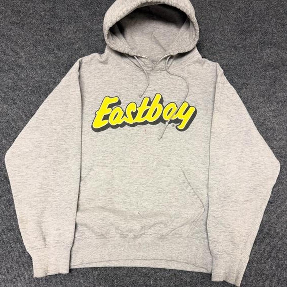 Vintage Eastbay Hoodie Mens Large Grey Yellow Script Logo Y2K Pullover Sweat